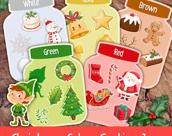 May include: A collection of Christmas-themed color sorting jars. Each jar is labeled with a color: White, Gold, Brown, Green, and Red. The jars contain various Christmas-related illustrations, such as a snowman, Santa Claus, and a Christmas tree. The text at the bottom reads "Christmas Colour Sorting Jars."