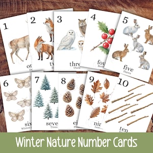 May include: A collection of ten Winter Nature Number Cards. Each card displays a watercolour illustration of winter-themed elements, such as a deer, fox, owl, berries, hares, moths, pine trees, pine cones, leaves, and sticks. The cards are numbered from one to ten.