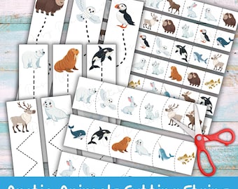 Dibujos de animales árticos para recortar, actividad imprimible para practicar la motricidad fina en preescolar, ideal para niños.