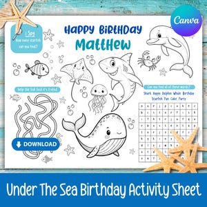 Personalised Under The Sea Birthday Activity Sheet For Kids , Placemat Printable, Ocean Colouring Page Template