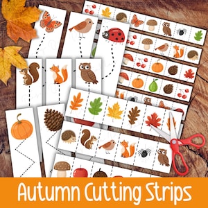 Autumn Cutting Strips for Preschool, Printable Fall Cutting Activity for Toddlers, Fine Motor Skills for Kids