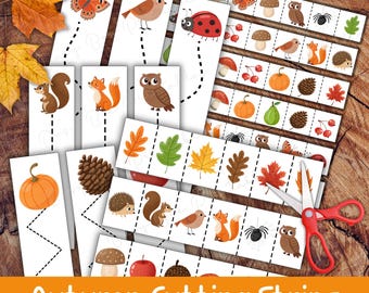 Autumn Cutting Strips for Preschool, Printable Fall Cutting Activity for Toddlers, Fine Motor Skills for Kids