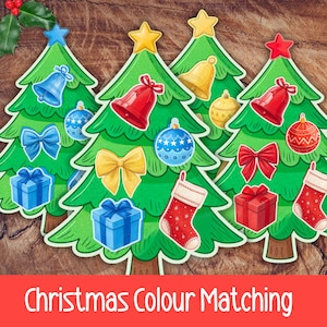 May include: Christmas-themed cutouts with green Christmas trees decorated with bells, bows, gift boxes, and stockings. The text "Christmas Colour Matching" is displayed in a red banner at the bottom.
