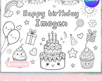 Editable Kawaii Colouring Page, Printable Birthday Party Activity for Kids, Custom Name Placemat, Canva Template Download