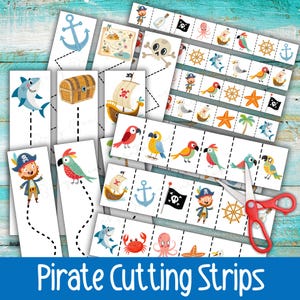 May include: A selection of pirate-themed cutting strips featuring illustrations of pirates, parrots, ships, treasure chests, and sea creatures. The text "Pirate Cutting Strips" is displayed in a blue banner. A pair of red scissors is also included in the image.