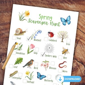 May include: A white Spring Scavenger Hunt printable featuring watercolour illustrations of various spring elements, including a snail, bluebell, ladybird, tree, dandelion, tulip, spider's web, bee, leaf, bird, blossom, worm, caterpillar, daffodil, and butterfly.