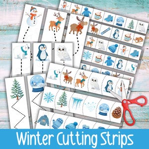 May include: A selection of winter-themed cutting strips with illustrations of a snowman, reindeer, moose, polar bear, penguin, owl, snow globe, snowflake, Christmas tree, and winter accessories. The text "Winter Cutting Strips" is displayed at the bottom.