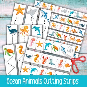 Könnte beinhalten: Bunte Meerestier-Ausschneidebögen mit Illustrationen von Seesternen, Delfinen, Haien und mehr. Enthält eine Schere und den Text "Ocean Animals Cutting Strips". Pädagogisches Bastelprojekt.