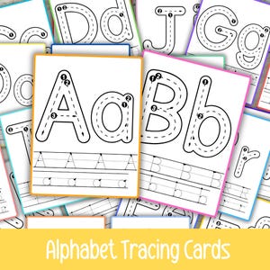 May include: Alphabet tracing cards with uppercase and lowercase letters A to Z. Each card has a letter outline with numbered arrows to guide tracing. The cards are white with black lettering and colourful borders. The words "Alphabet Tracing Cards" are in a yellow banner.