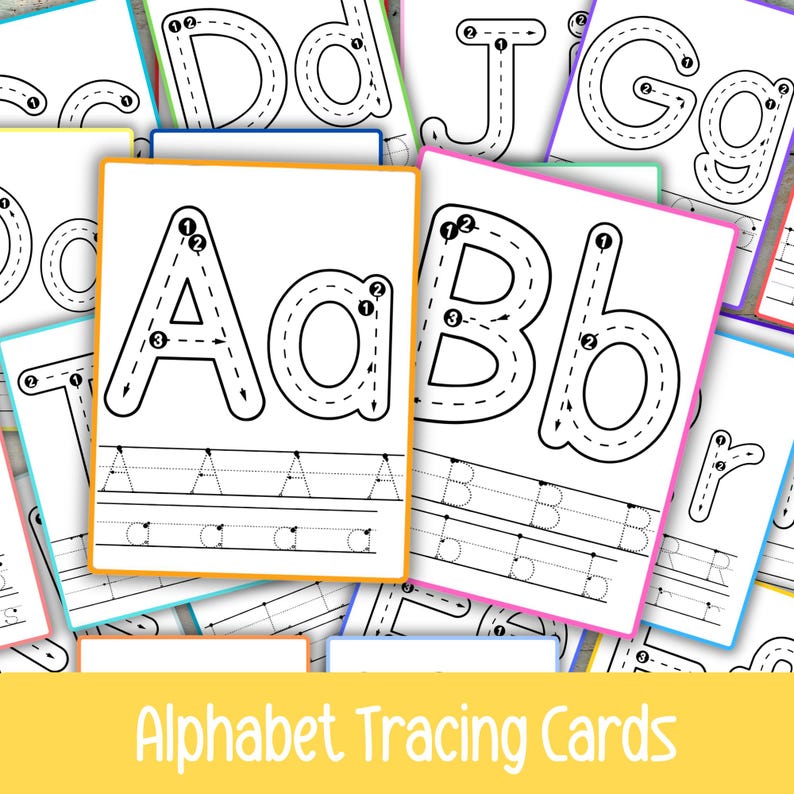 May include: Alphabet tracing cards with uppercase and lowercase letters A to Z. Each card has a letter outline with numbered arrows to guide tracing. The cards are white with black lettering and colourful borders. The words "Alphabet Tracing Cards" are in a yellow banner.