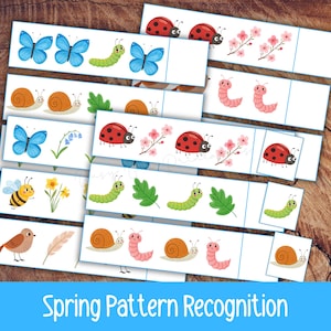 Attività sui modelli primaverili, strisce di sequenza dei modelli, matematica stampabile per la scuola materna, apprendimento precoce