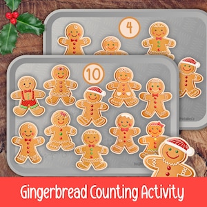 Op de afbeelding: Peperkoek telactiviteit met peperkoekmannetjes op bakplaten. De afbeelding toont twee trays met peperkoekmannetjes, sommige met kerstmutsen, en de cijfers 4 en 10. De tekst onderaan luidt "Gingerbread Counting Activity".