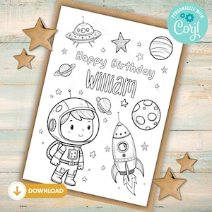 Carte à colorier espace, carte d'anniversaire astronaute personnalisée, carte d'anniversaire imprimable espace d'anniversaire, carte d'anniversaire imprimable