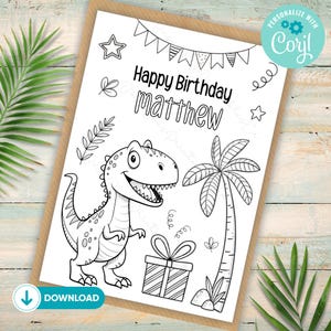 Cartão de dinossauro para colorir para imprimir, cartão de aniversário de dinossauro personalizado, cartão de aniversário de dinossauro para imprimir, cartão de aniversário digital para meninos