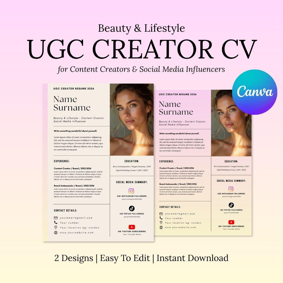Ugc Example Cv UGC Creator Resume Template Canva | Influencer CV | Content Creator ...