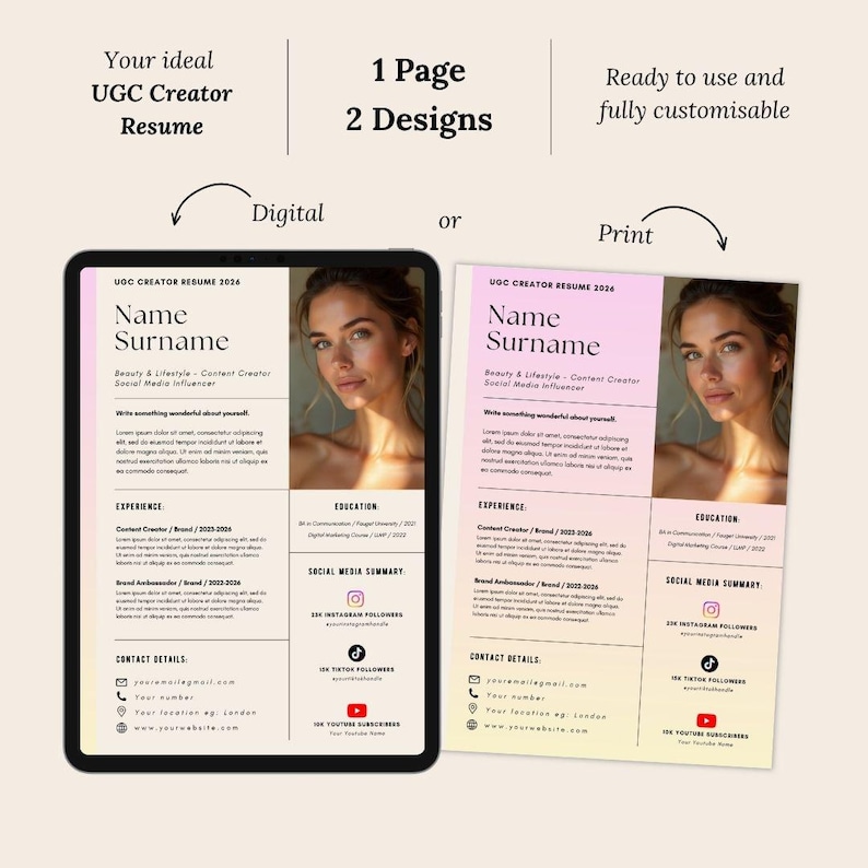 Ugc Example Cv UGC Creator Resume Template Canva | Influencer CV | Content Creator ...