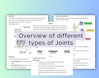 Könnte beinhalten: Ein Lehrdokument mit dem Titel Overview of different types of Joints, das schwarzen Text auf weißem Papier zeigt. Es enthält Diagramme des Kniegelenks, Skelettstrukturen und Beschreibungen der Arten von fibrösen, knorpeligen und synovialen Gelenken.