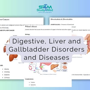 May include: Educational medical study guide titled Digestive, Liver and Gallbladder Disorders and Diseases. The document features text and anatomical diagrams covering topics like liver cancers, Wilson's disease, diverticulosis, and diverticulitis.