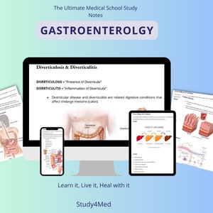 Puede incluir: Una pantalla de ordenador que muestra una guía de estudio de medicina sobre gastroenterología, con el texto "Diverticulosis y Diverticulitis" y "Aprende, vive, sana con ella". La pantalla está rodeada de otros materiales de estudio, incluyendo diagramas del sistema digestivo y el hígado.