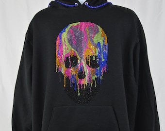 Rhinestone Dripping Skull Hoodie: Colorful Bedazzled Sweatshirt