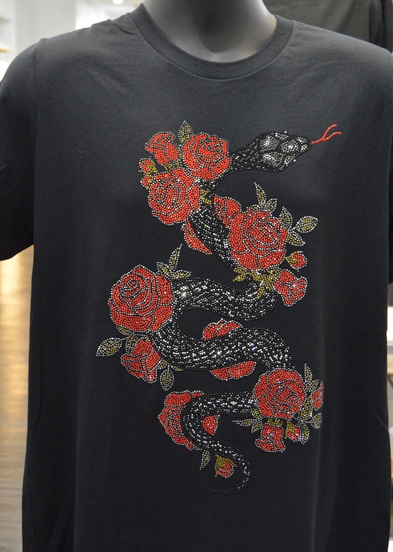 Rhinestone Snake & Roses Shirt: Bedazzled Cotton Crewneck