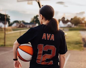 Custom Rhinestone Name & Number Shirt: Bedazzled Text Tee