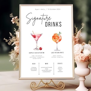 Menu du bar de mariage, menu du bar de mariage, enseigne de mariage d'été, modèle d'enseigne de boissons signature, enseigne cocktail signature, enseigne de boisson modifiable
