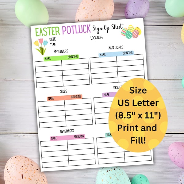 Easter Potluck Sign Up Sheet, Easter Potluck Church Sign Up, Easter Dinner Sheeet, Church Dinner Sheet, Sign Up List, Easter Potluck