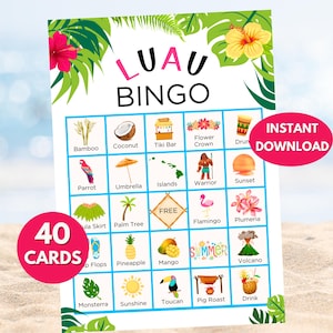 Fête d'anniversaire hawaïenne, Luau Bingo, Aloha Bingo, Jeu de bingo hawaïen, Cartes de bingo d'été imprimables, Fête d'anniversaire de Luau, Jeu de fête d'été