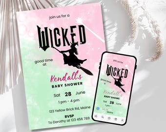 Invitación de baby shower con temática de Wicked: Plantilla de Canva verde y rosa (5x7, invitación digital)