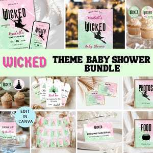 Może przedstawiać: Zestaw do baby shower do wydrukowania z zielonym i różowym tłem akwarelowym i motywem czarownicy. Zestaw zawiera zaproszenia, etykiety na jedzenie, karteczki z podziękowaniami, tabliczkę powitalną i ozdoby na babeczki. Tekst "Wicked" pojawia się w całym projekcie.