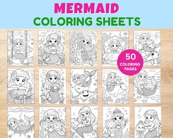 Dibujos de sirenas para colorear para niños / Hojas para colorear submarinas imprimibles / Descarga PDF de dibujos para colorear del océano
