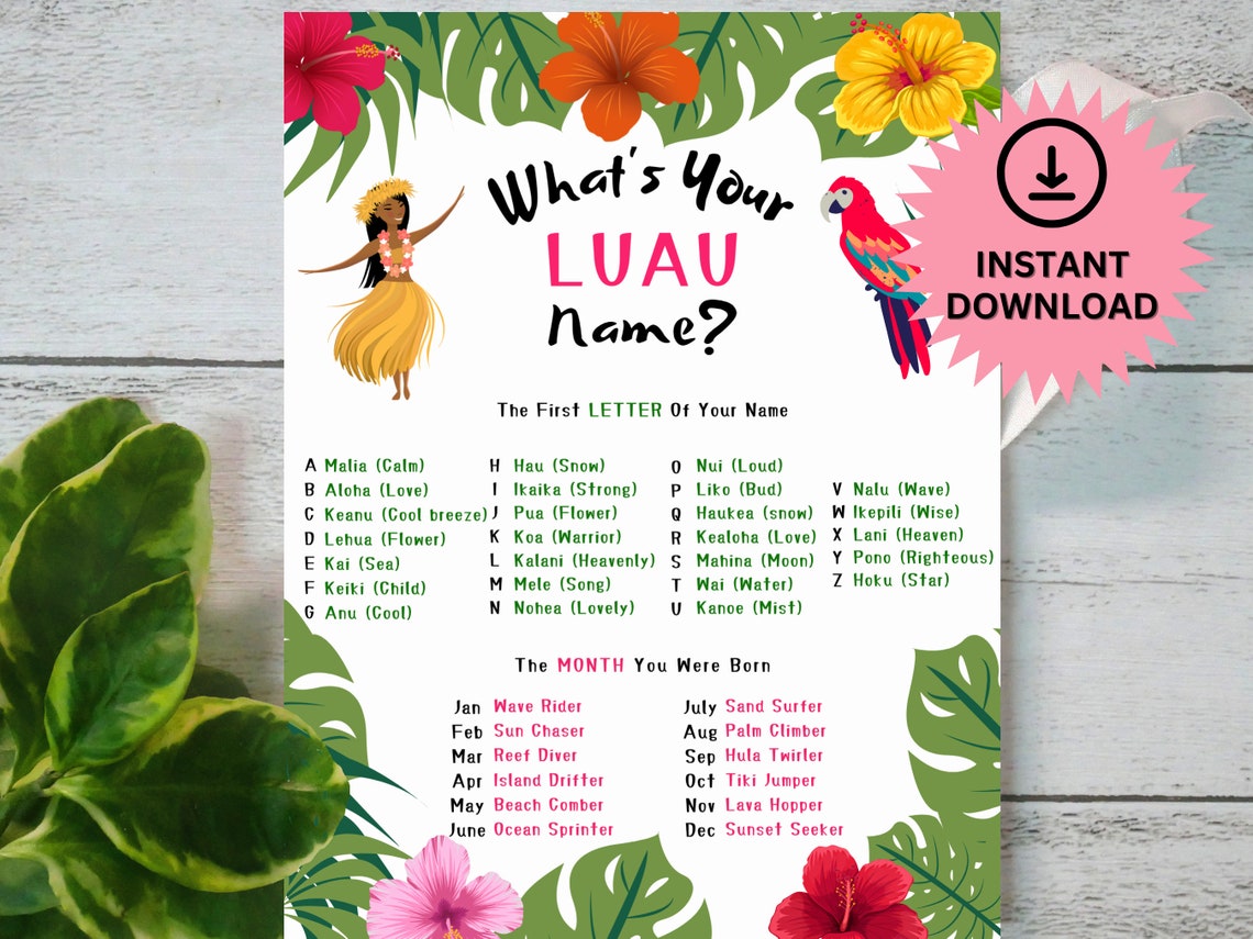 What's Your Luau Name, Name Game, Hawaiian Party Game, Tropical ...