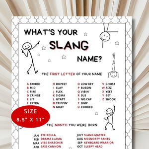 May include: A printable black and white chart with the title "What's Your Slang Name?"  The chart is divided into two sections. The first section is titled "The First Letter of Your Name" and lists slang words for each letter of the alphabet. The second section is titled "The Month You Were Born" and lists slang phrases for each month of the year. The chart is 21.6 cm by 27.9 cm.