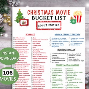 May include: A printable Christmas movie bucket list for adults. The list is divided into four categories: Romance, Musical/Family/Fantasy, Horror/Thriller, and Comedy/Action/Drama. The list includes 106 movies.