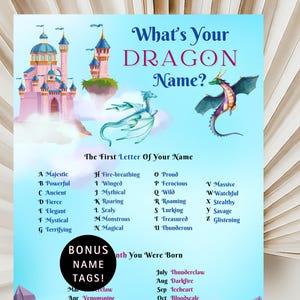 May include: A blue and pink printable chart with the text "What's Your Dragon Name?" and a list of dragon names based on the first letter of your name and the month you were born.