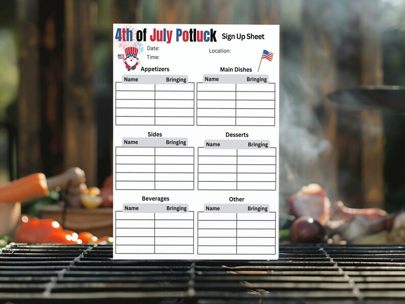 4th of July Potluck Sign up Sheet: Summer Picnic List (PDF) - Etsy