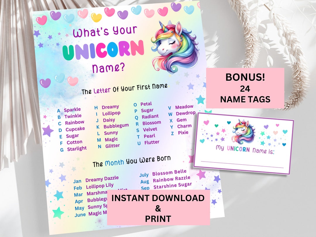 WHAT'S Your Unicorn Name, Game Sign and Tag Unicorn Birthday Party ...