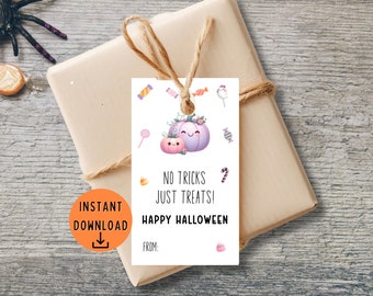 Op de afbeelding: Printbare Halloween-cadeaubon met een schattig cartoon-pompoenontwerp. De bon staat "Geen trucs, alleen snoepjes! Gelukkig Halloween" en heeft ruimte om "Van:" te schrijven