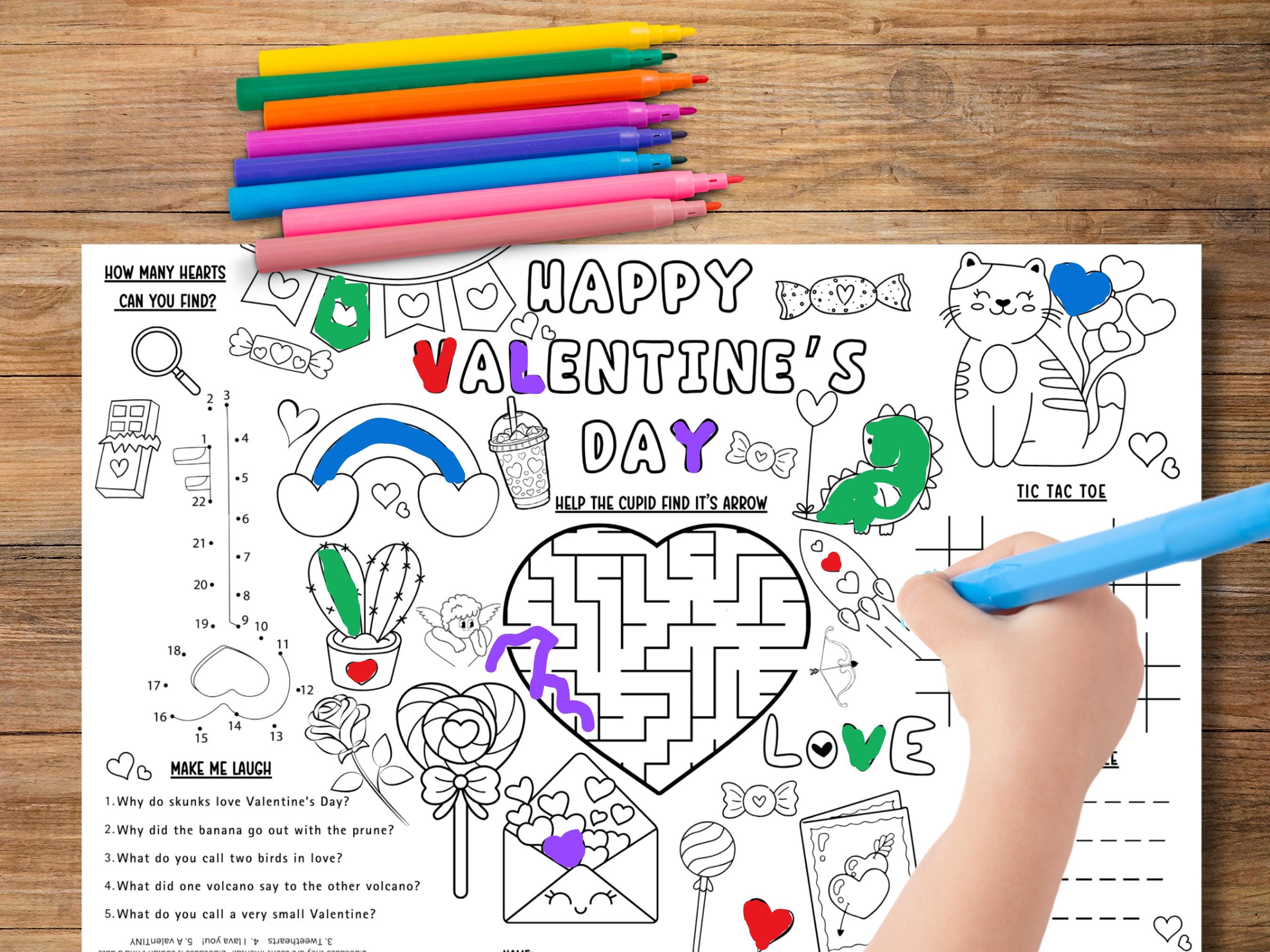 Valentine's Day Coloring Activity Sheet: Kids Party Placemat (digital ...