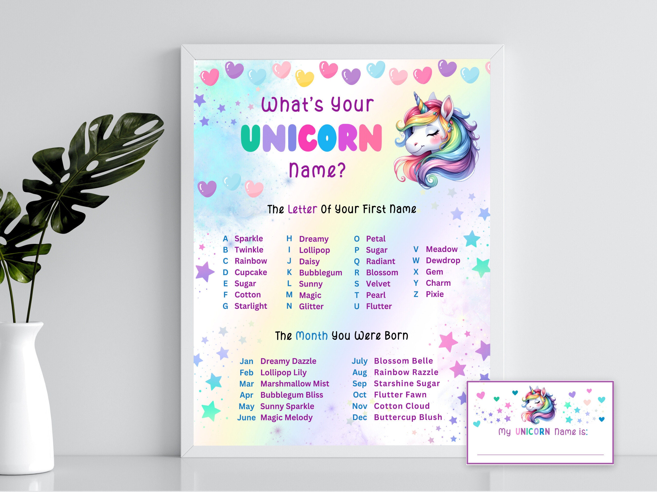 WHAT'S Your Unicorn Name, Game Sign and Tag Unicorn Birthday Party ...