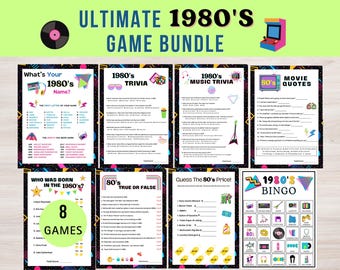 Paquete de juegos de fiesta de los 80: Bingo, Preguntas y respuestas, Etiquetas con nombres (Descarga en PDF)