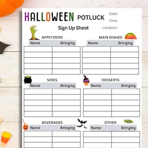 Może przedstawiać: Drukowana lista uczestników potlucka na Halloween z czarno-białym układem siatki. Arkusz zawiera sekcje na przystawki, dania główne, dodatki, desery, napoje i inne. Każda sekcja ma miejsce na imię i nazwisko oraz to, co dana osoba przynosi. Arkusz jest ozdobiony obrazkami z motywem Halloween, w tym ręką zombie, taco, kotłem, babeczką, dynią i cukierkiem.