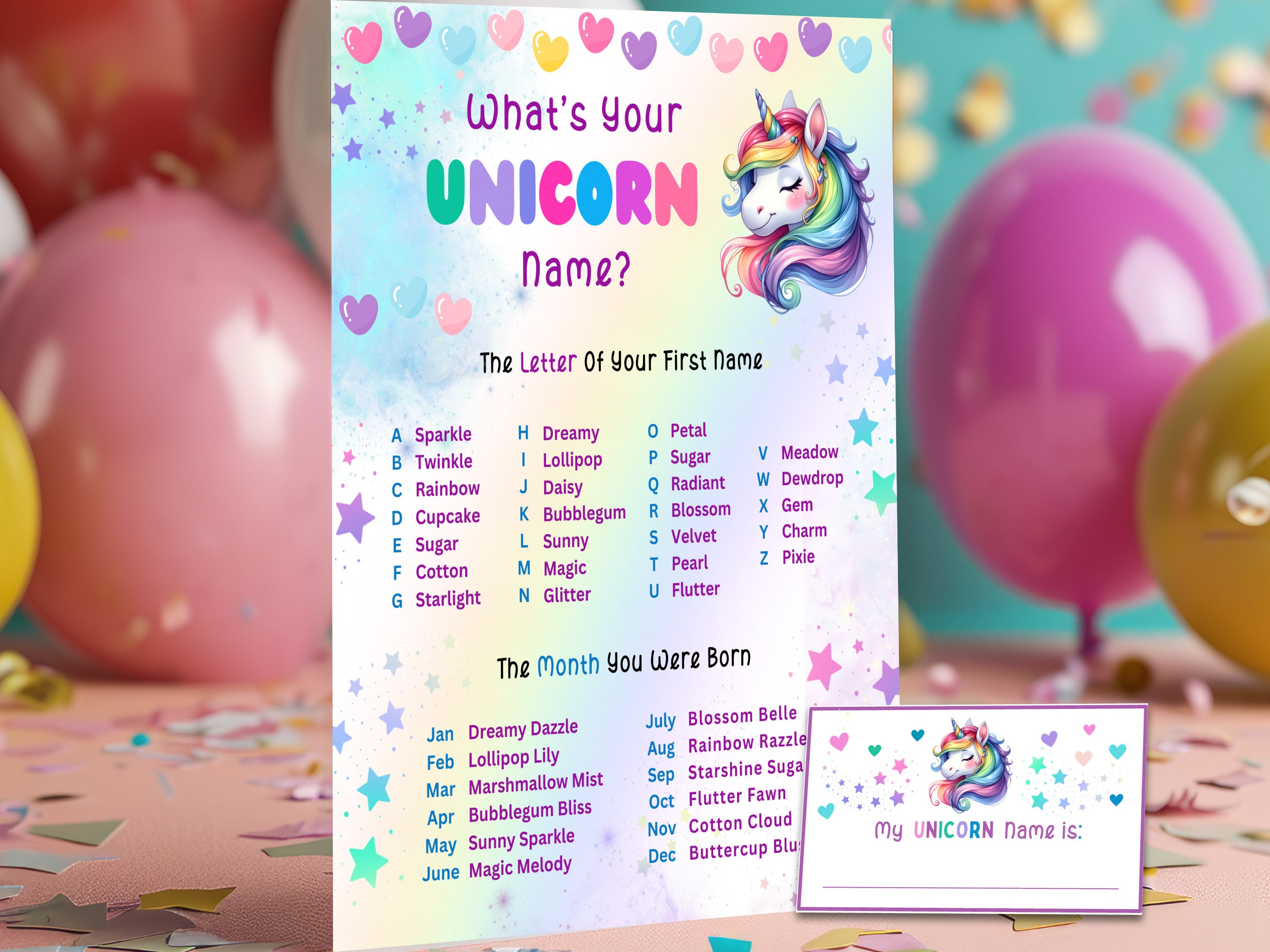 WHAT'S Your Unicorn Name, Game Sign and Tag Unicorn Birthday Party ...