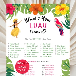 Könnte beinhalten: Ein farbenfroher druckbarer Chart mit hawaiianischem Thema. Er zeigt eine Hula-Tänzerin, einen Papagei und tropische Blumen. Der Chart listet hawaiianische Namen und ihre Bedeutungen auf, sortiert nach dem ersten Buchstaben des Namens. Er enthält auch einen Bonusbereich mit hawaiianischen Namensschildern, die auf den Geburtsmonat basieren.