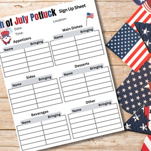 July 4th Party, Potluck Sign Up Sheet, Summer Picnic List, BBQ Sign Up Sheet, Independence Day Potluck, July 4th Sign Up Sheet, Potluck LIst