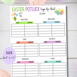 May include: Printable Easter potluck sign-up sheet with a pastel color scheme. The sheet is 8.5 inches by 11 inches and includes sections for appetizers, main dishes, sides, desserts, beverages, and other.