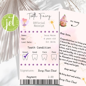 Carta del Hada de los Dientes, Recibo por Diente Perdido, Dinero del Hada de los Dientes, Imprimible del Hada de los Dientes, Certificado del Primer Diente, Carta Personalizada del Hada, Actividad Infantil