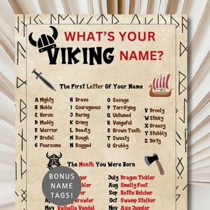 May include: A printable chart with a Viking theme. The chart is titled "What's Your Viking Name?" and lists names based on the first letter of your name and the month you were born. The chart includes a Viking helmet, a sword, a ship, and an axe.