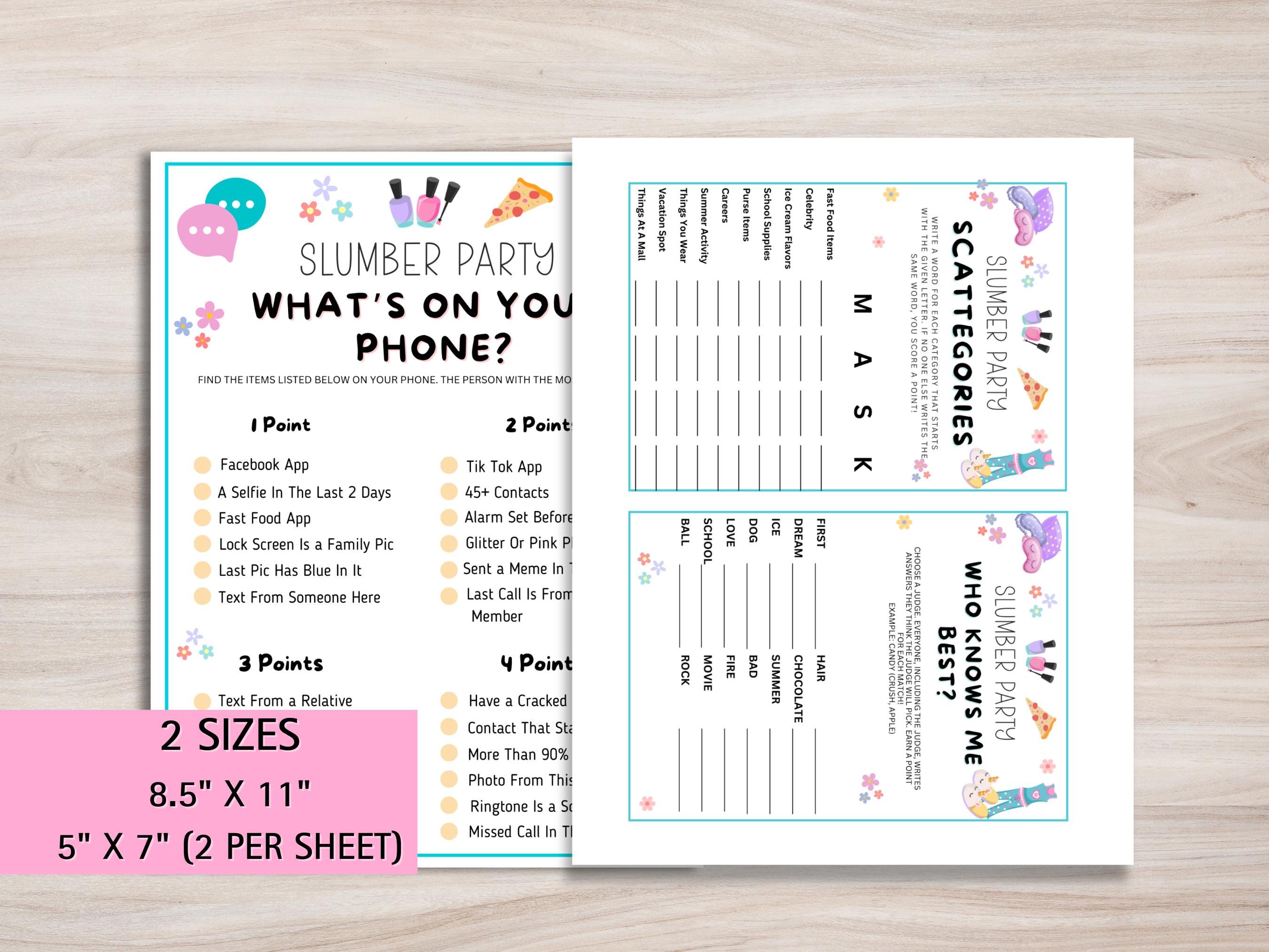 Slumber Party Games: Sleepover Birthday Activity (PDF Downloadable Set ...